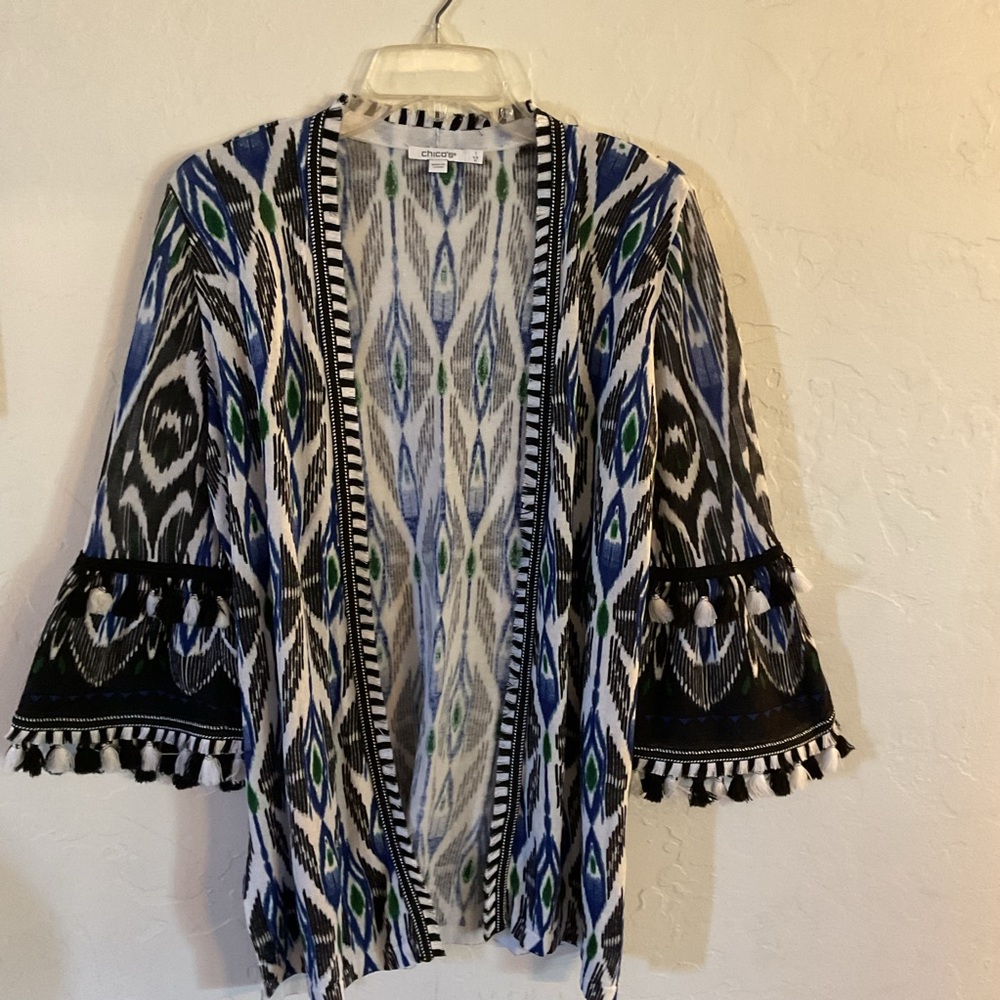 Chico's Open-Front Ikat Kimono Cardigan in Blue, Black, White with Green Accents